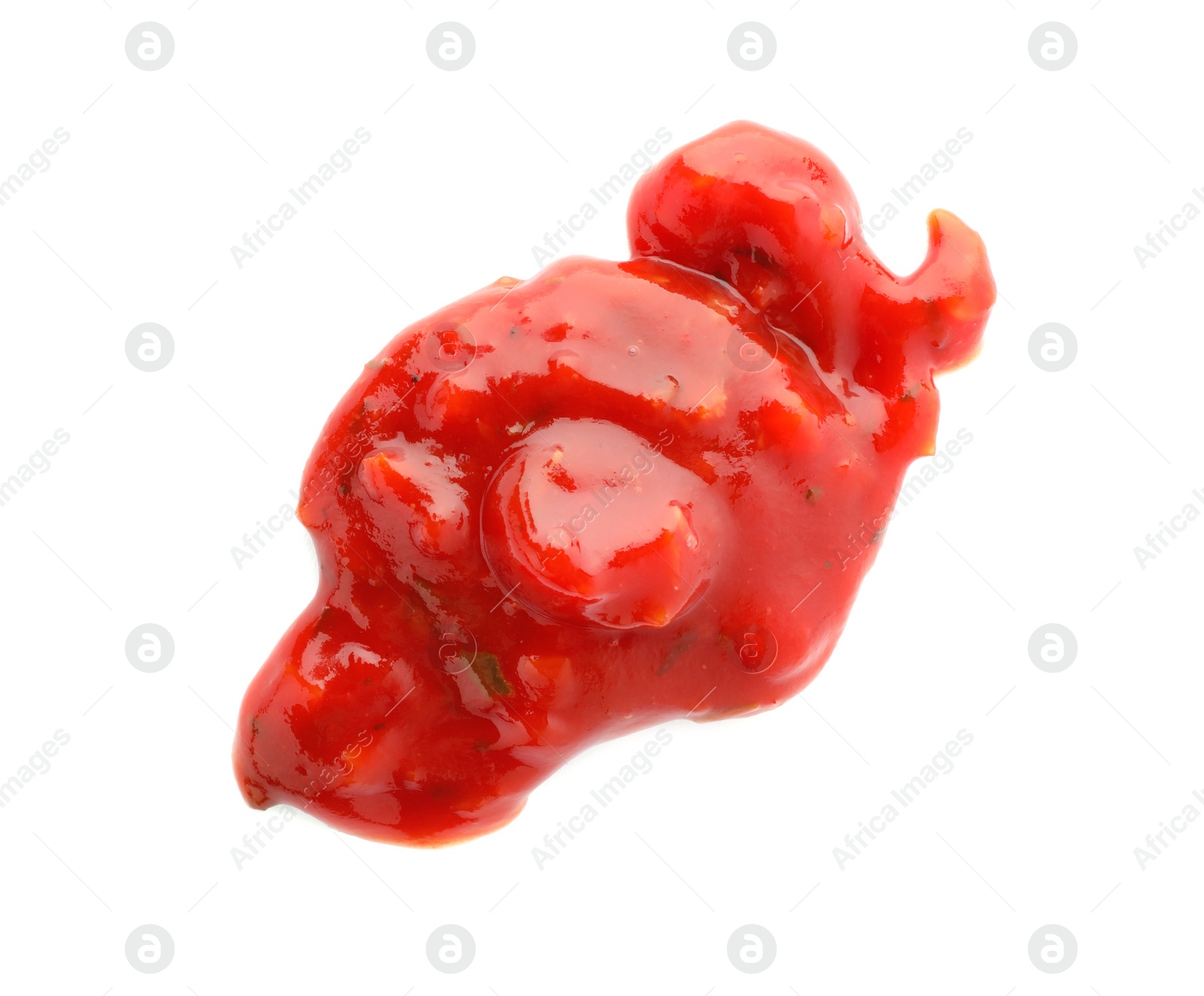 Photo of Tasty spicy chili sauce on white background, top view