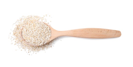 Photo of Spoon with raw barley groats isolated on white, top view