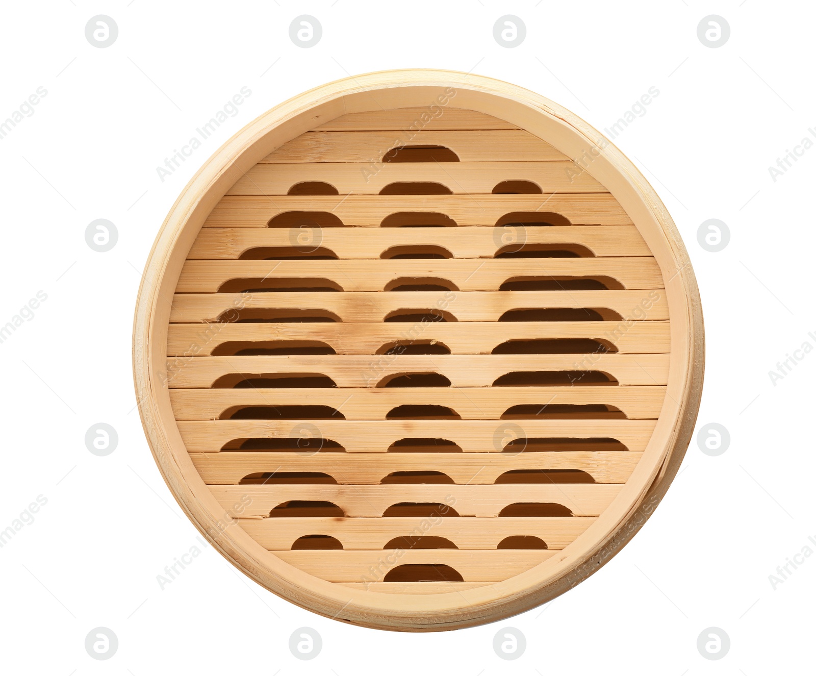 Photo of Steamer made of bamboo on white background, top view