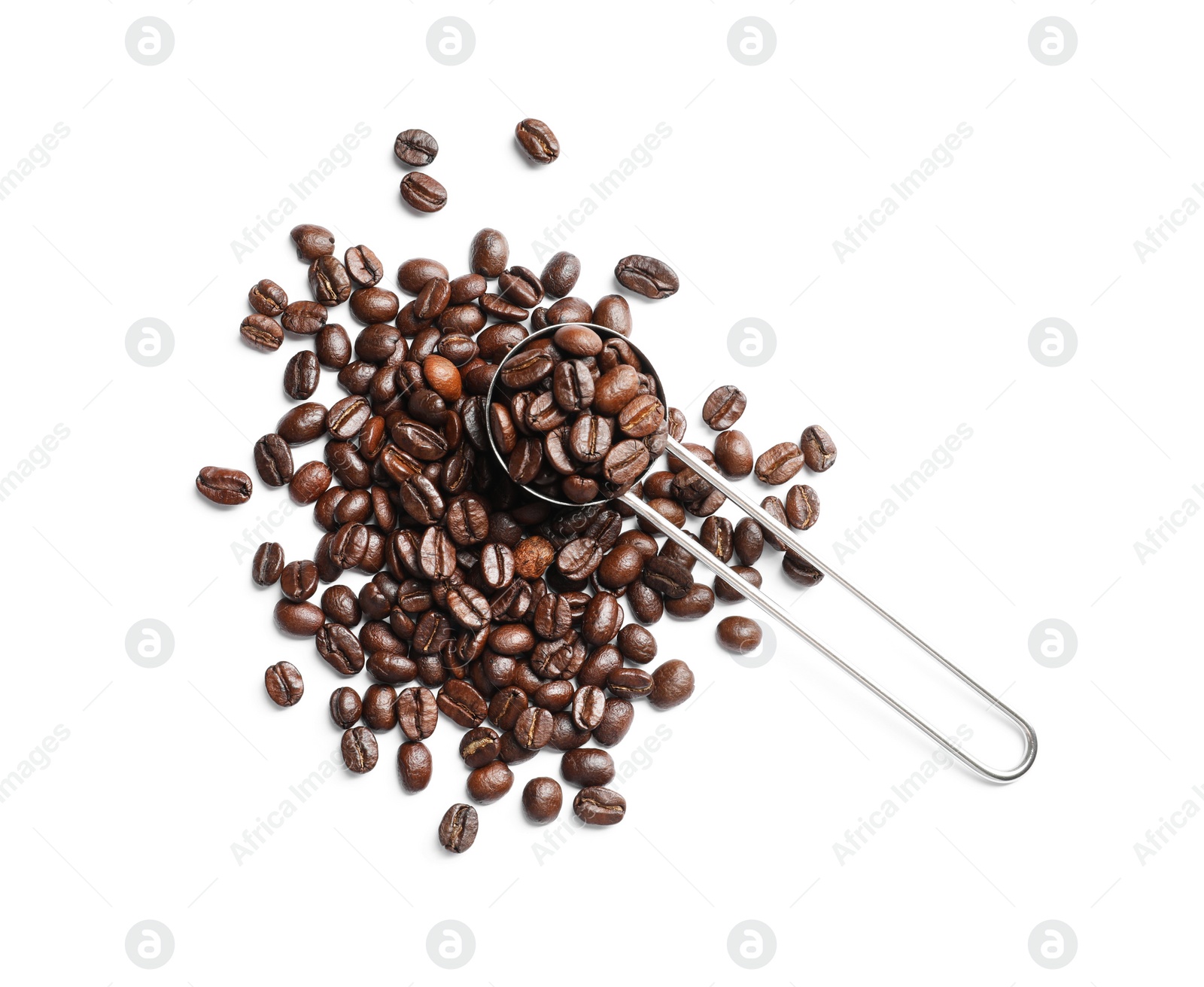 Photo of Scoop and roasted coffee beans on white background, top view