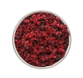 Photo of Dried red currants in bowl isolated on white, top view