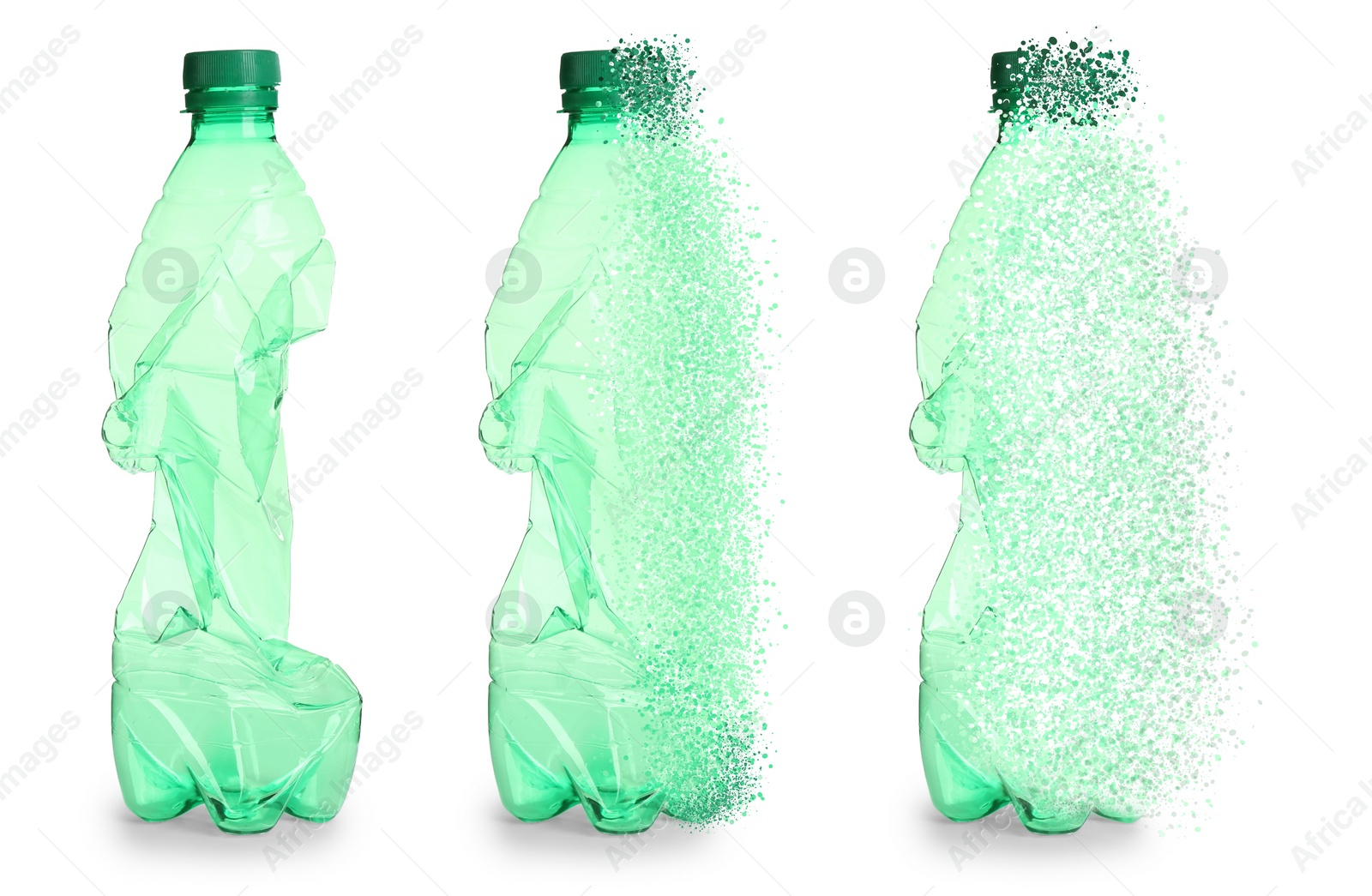 Image of Empty green bottle vanishing on white background, set. Plastic decomposition