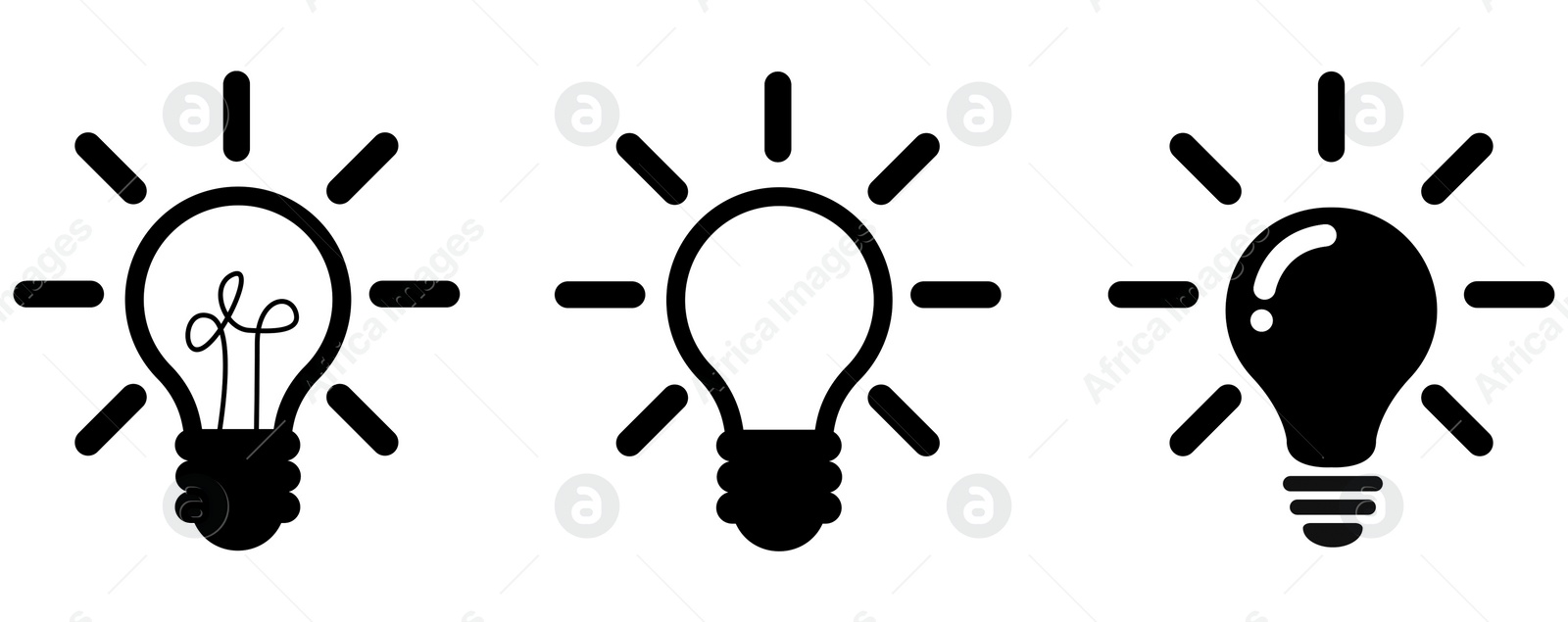 Illustration of Glowing light bulbs on white background, collection of illustrations