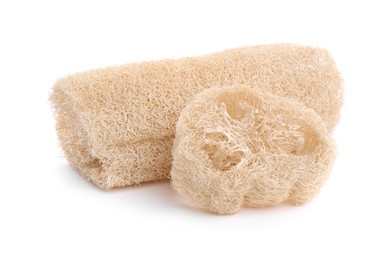 Photo of Loofah sponges isolated on white. Personal hygiene product