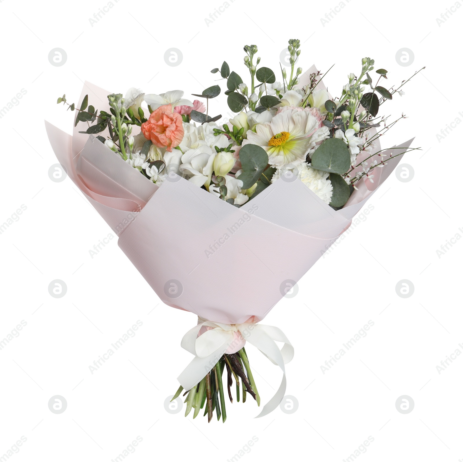 Photo of Bouquet of beautiful flowers on white background