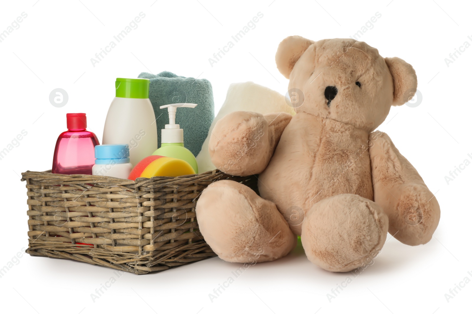 Photo of Baby bathing accessories and toy on white background