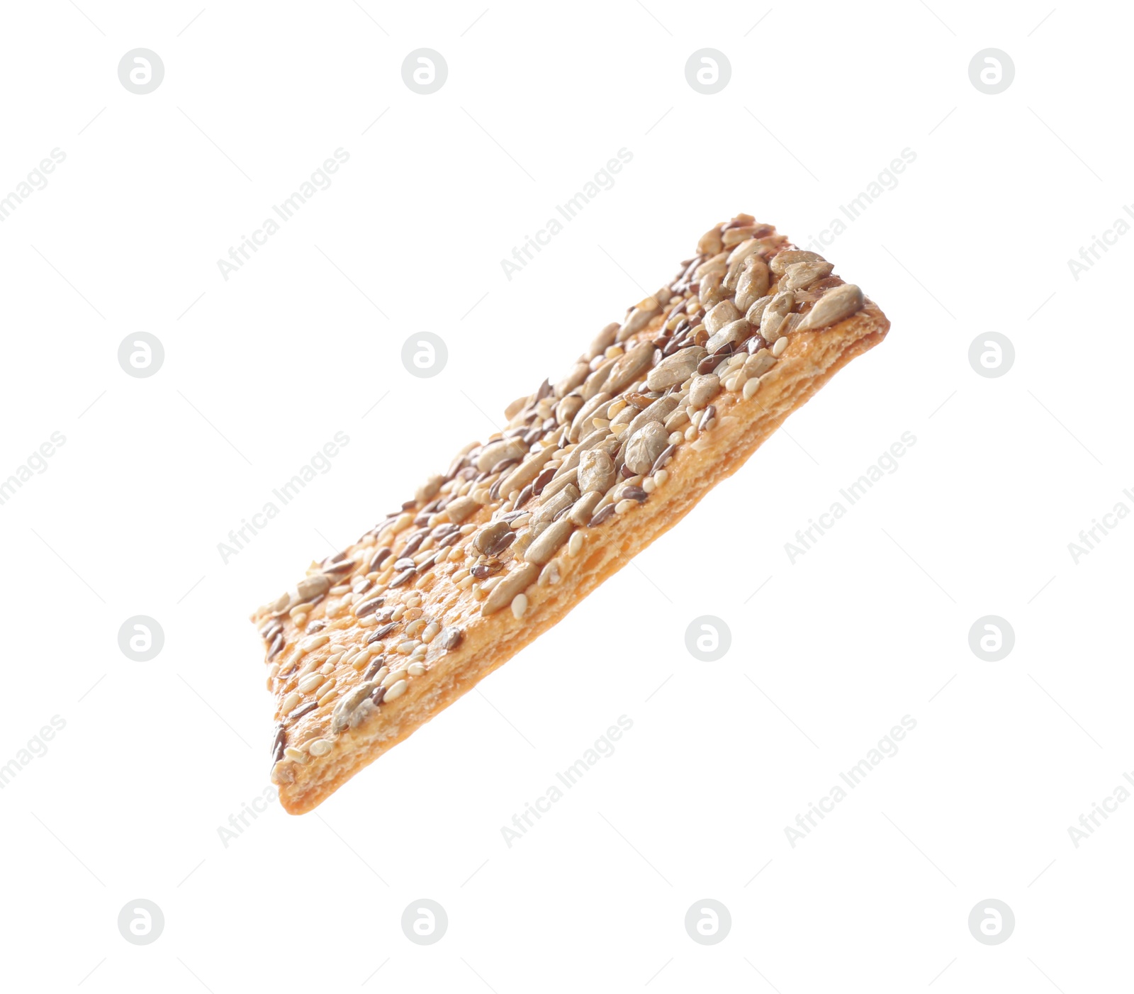 Photo of Delicious crispy cracker with different seeds isolated on white