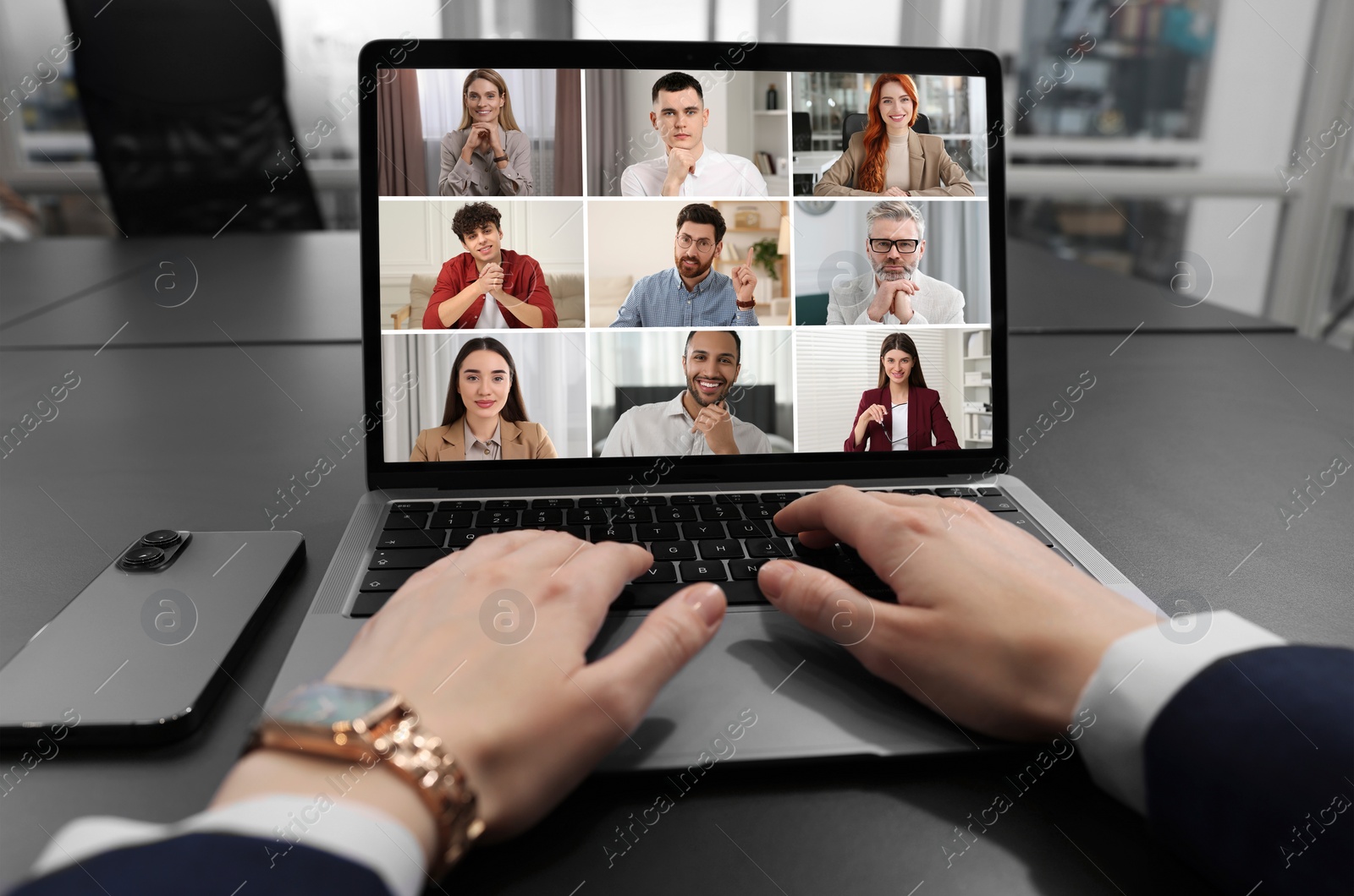 Image of Woman participating in webinar via laptop at table, closeup