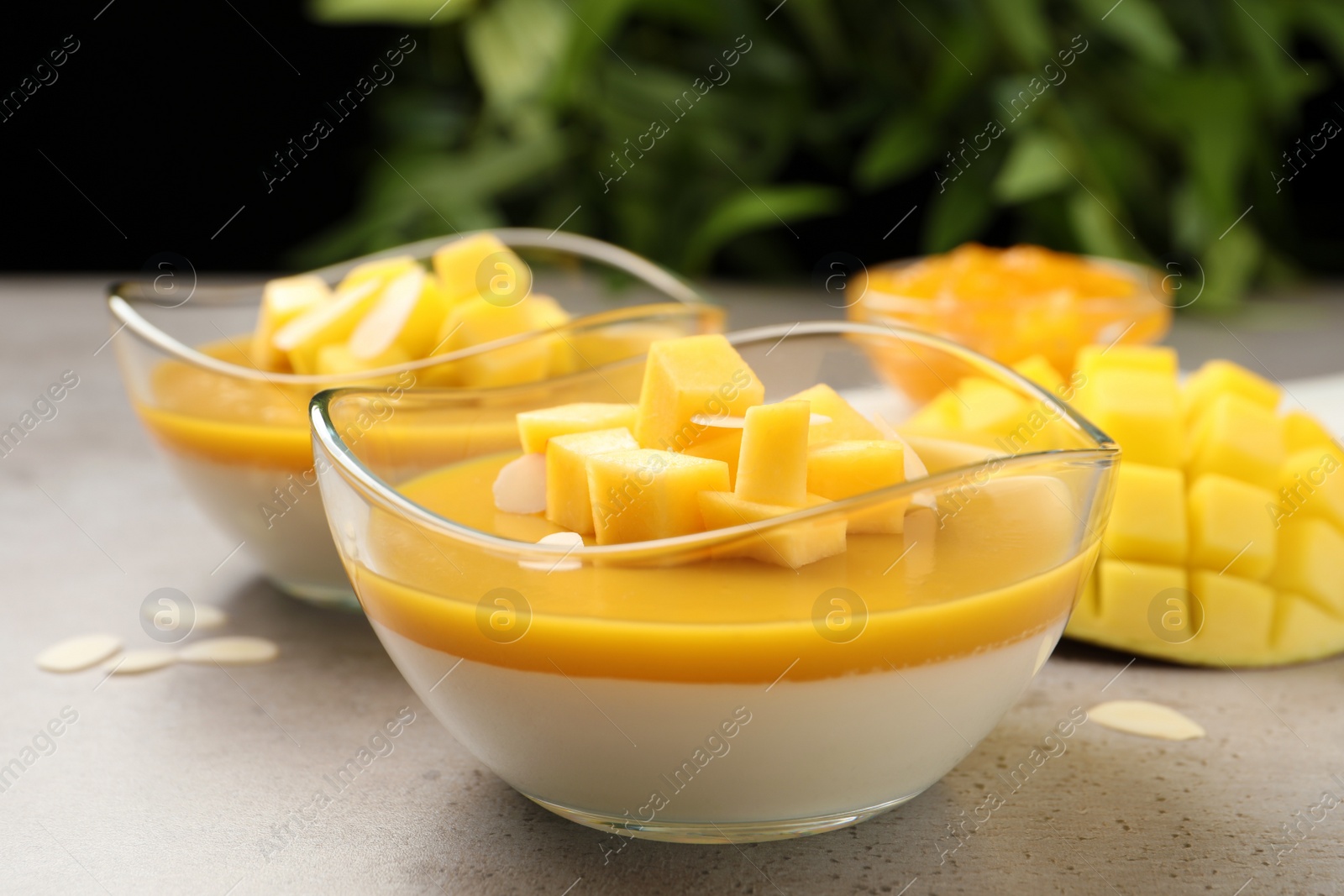 Photo of Delicious panna cotta with mango coulis and fresh fruit pieces on grey table