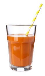 Glass of fresh carrot juice on white background