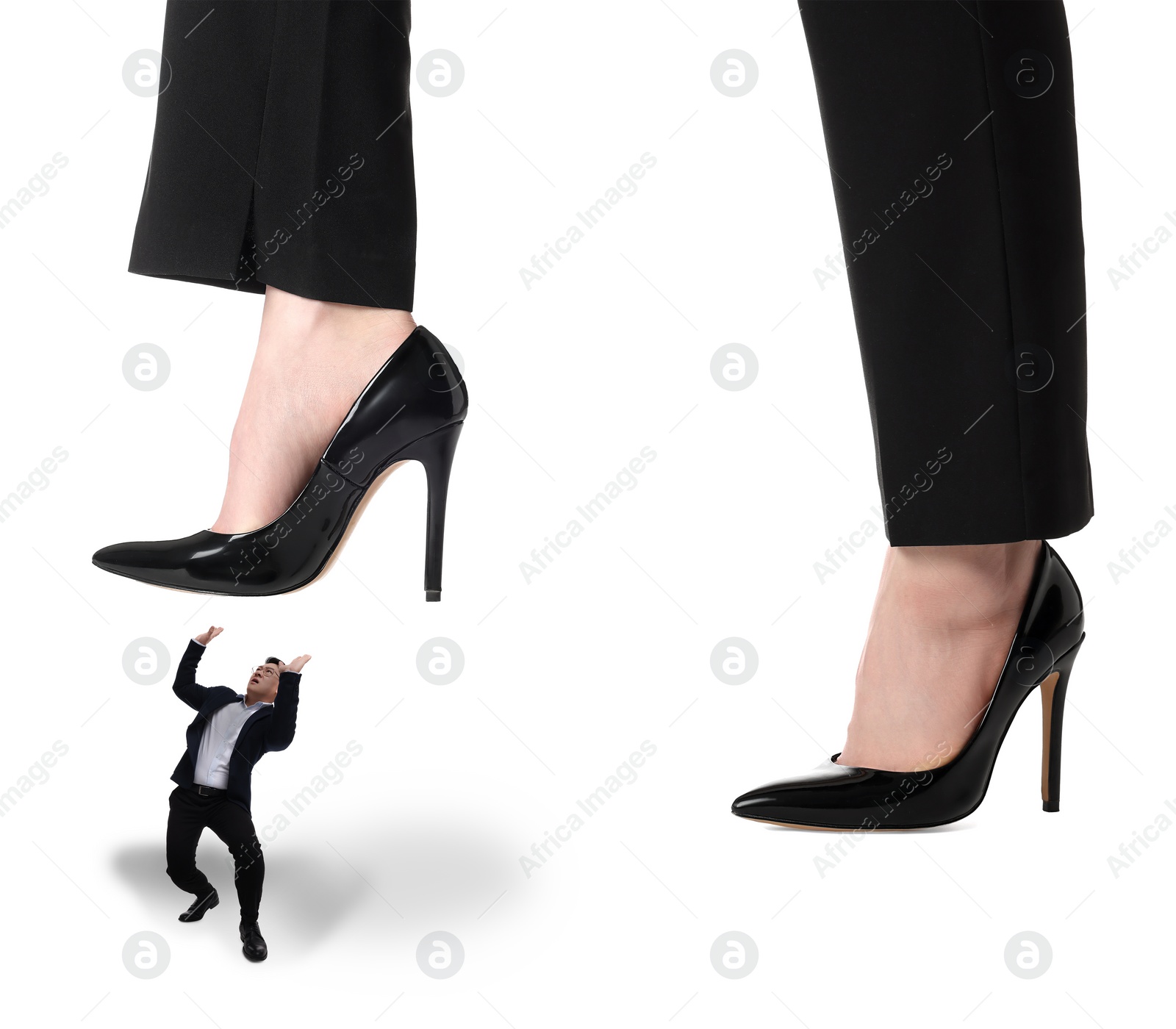 Image of Big woman stepping onto small man on white background