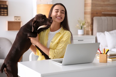 Photo of Young woman getting distracted by her dog while working with laptop in home office