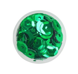 Green sequins on white background, top view