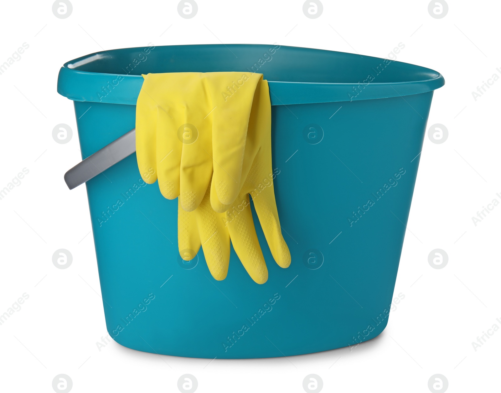 Photo of Light blue bucket with gloves for cleaning isolated on white