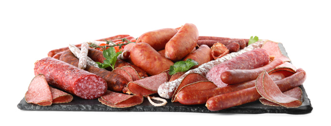 Photo of Slate plate with different tasty sausages isolated on white