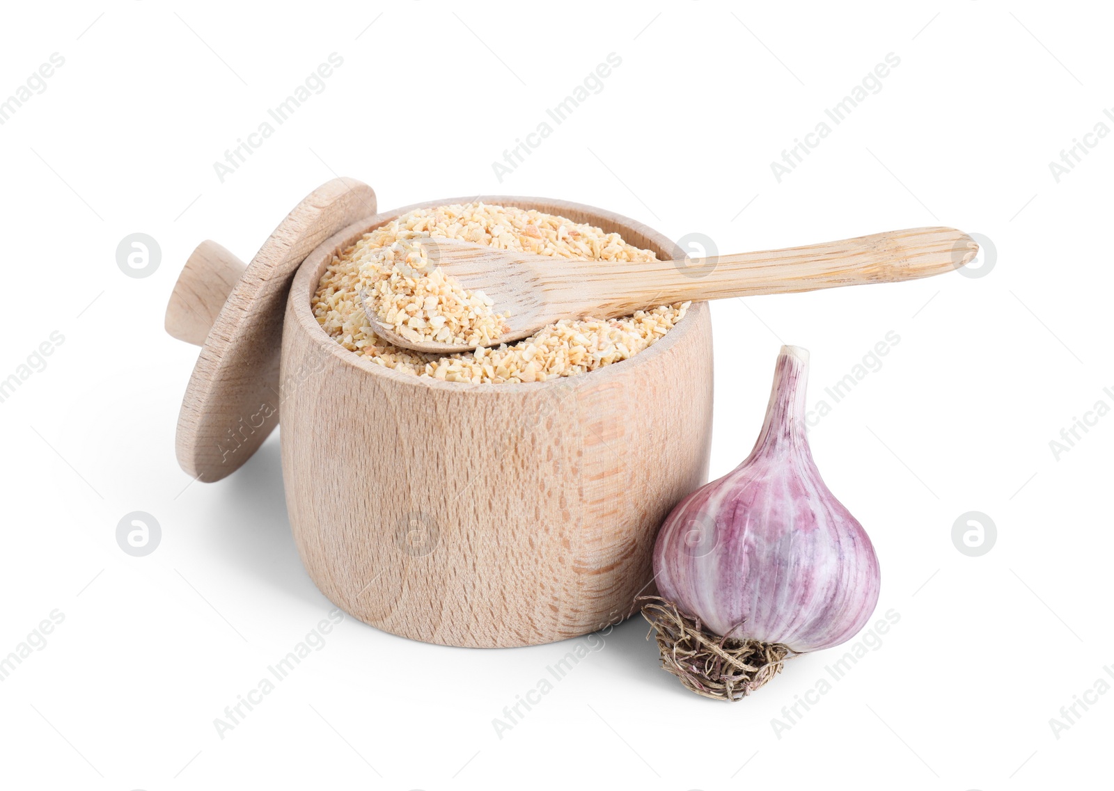 Photo of Dehydrated garlic granules and fresh bulb isolated on white
