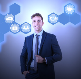 Image of Businessman and different icons on light background. Insurance concept