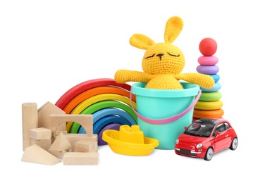 Many different children's toys isolated on white