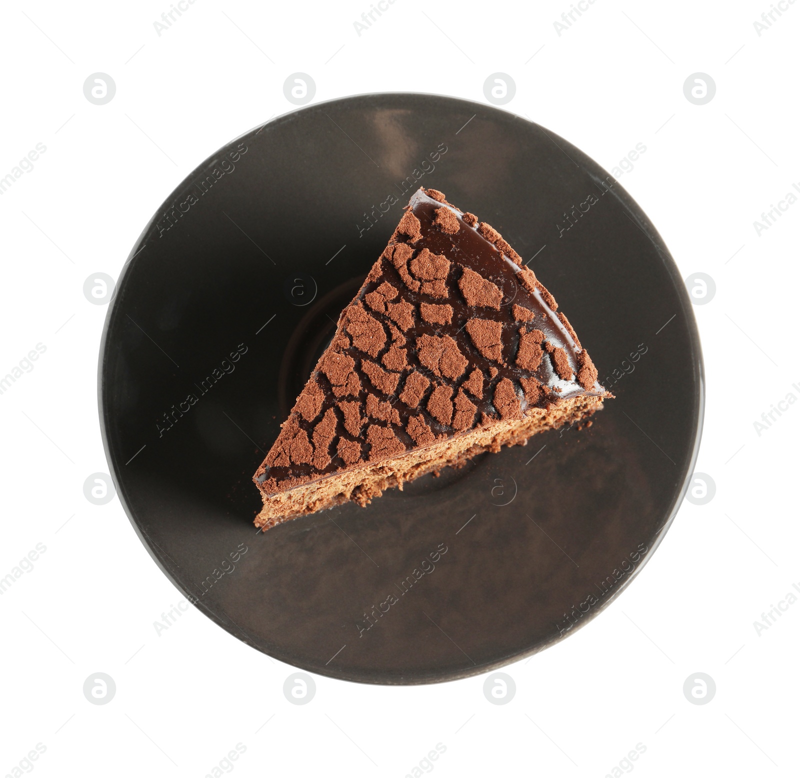 Photo of Piece of delicious chocolate truffle cake isolated on white, top view