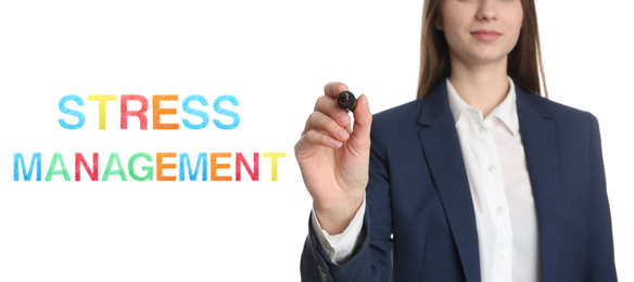 Image of Businesswoman and text STRESS MANAGEMENT on white background, closeup. Banner design