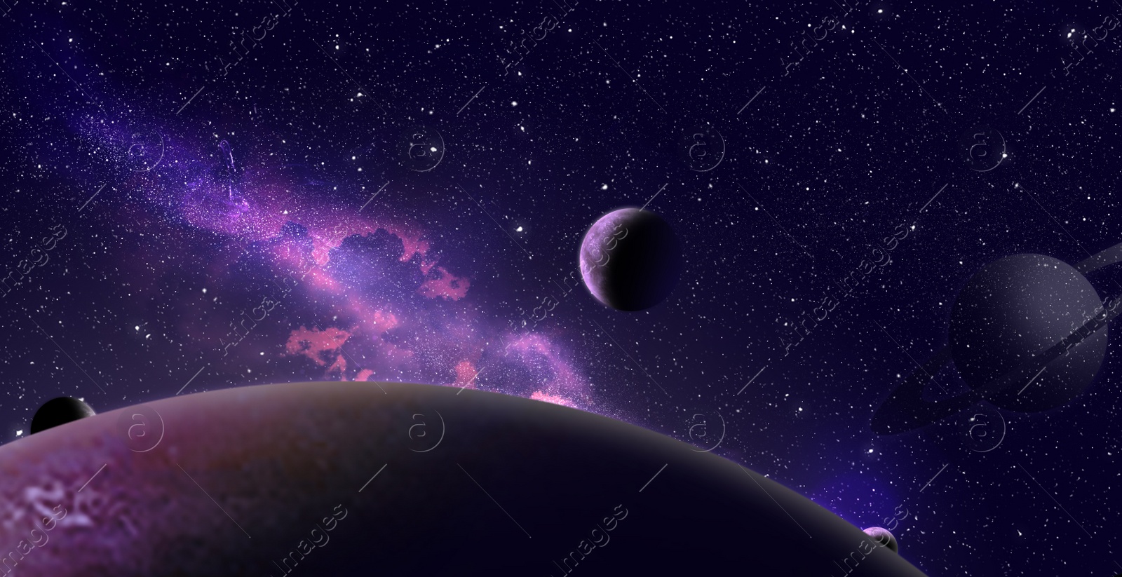 Illustration of Amazing illustration of galaxy with stars and planets, banner design. Fantasy world