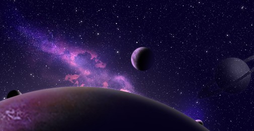 Amazing illustration of galaxy with stars and planets, banner design. Fantasy world