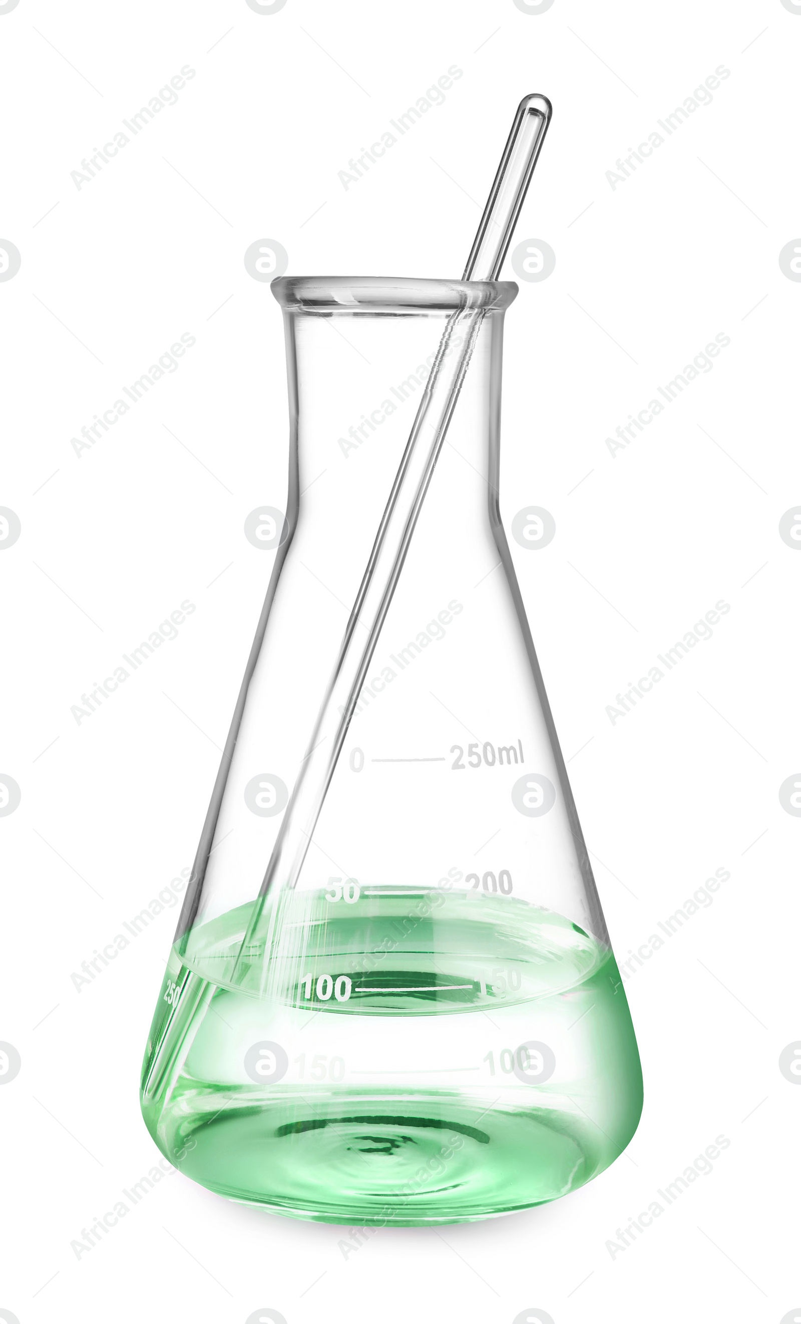 Image of Glass flask with green liquid and stirring rod isolated on white
