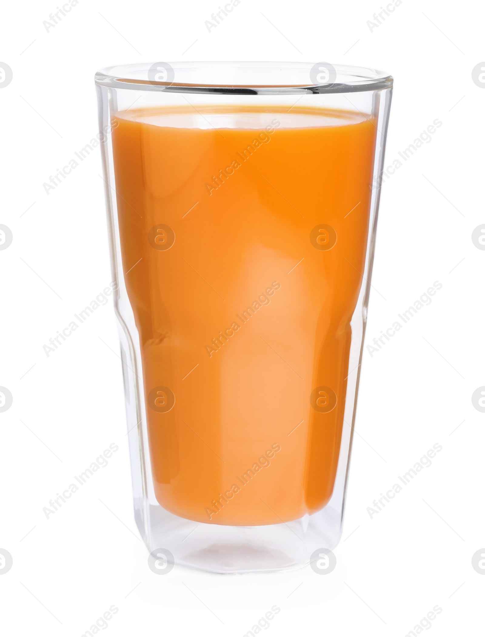 Photo of Fresh carrot juice in glass on white background