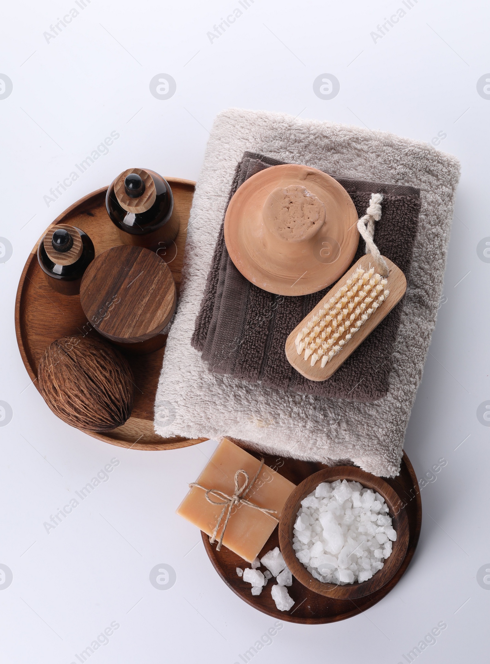 Photo of Composition with spa products isolated on white, top view