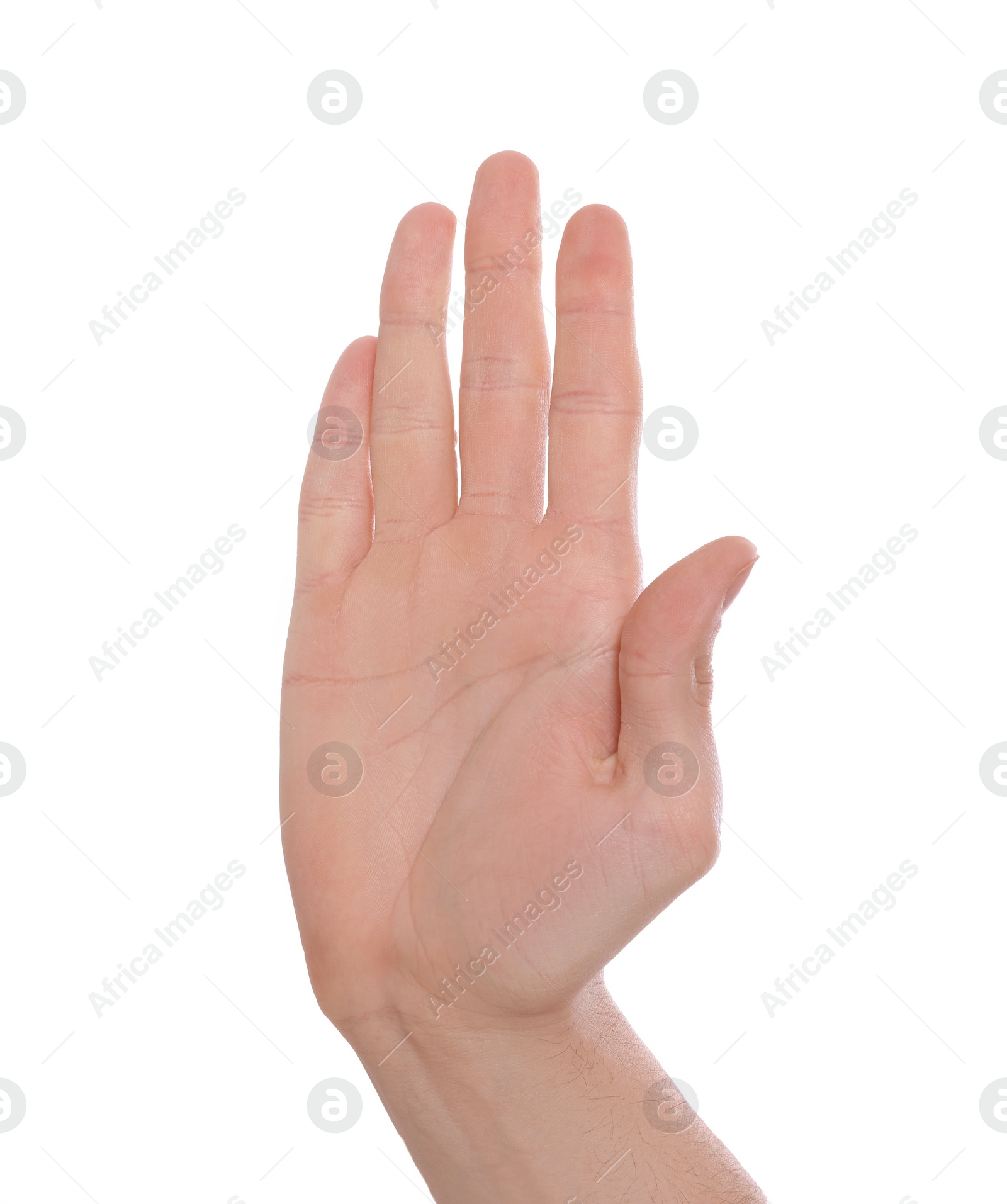 Photo of Man giving high five on white background, closeup of hand