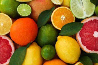 Photo of Different fresh citrus fruits and leaves as background, top view.