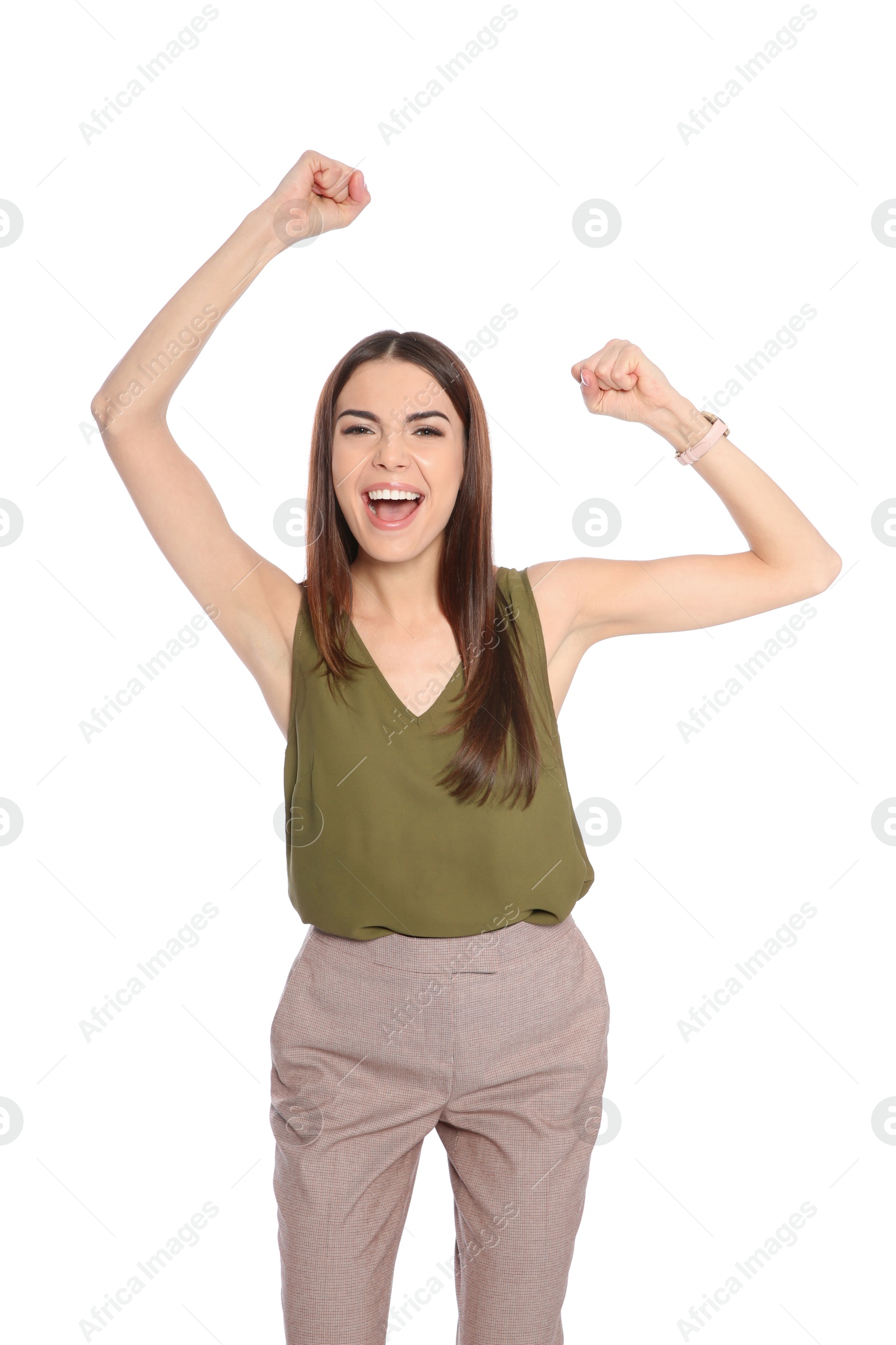 Photo of Young woman celebrating victory on white background