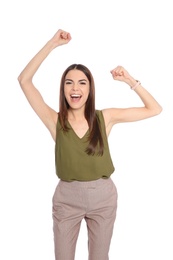 Photo of Young woman celebrating victory on white background