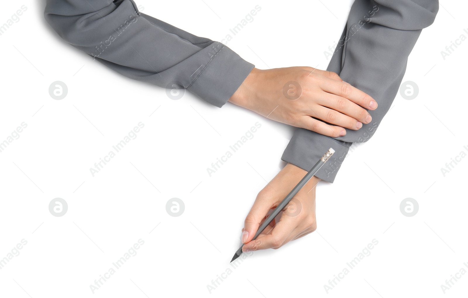 Photo of Woman with pencil on white background, top view. Closeup of hands