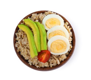 Tasty boiled oatmeal with egg, avocado and tomato isolated on white, top view