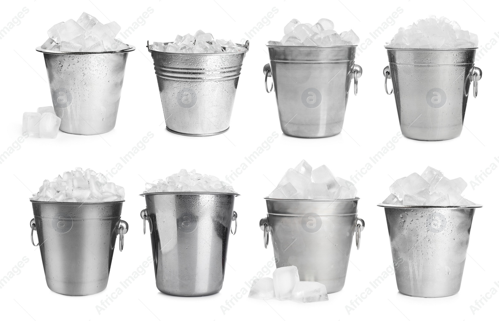 Image of Set of different metal buckets with ice cubes on white background