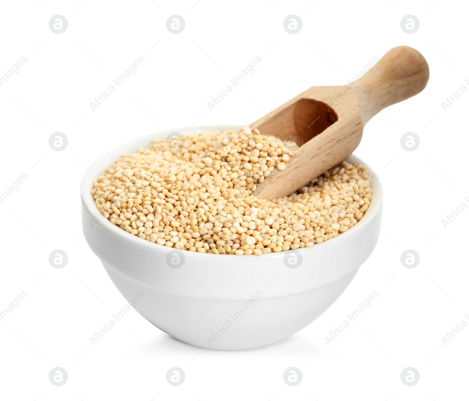 Photo of Bowl with quinoa and wooden scoop on white background