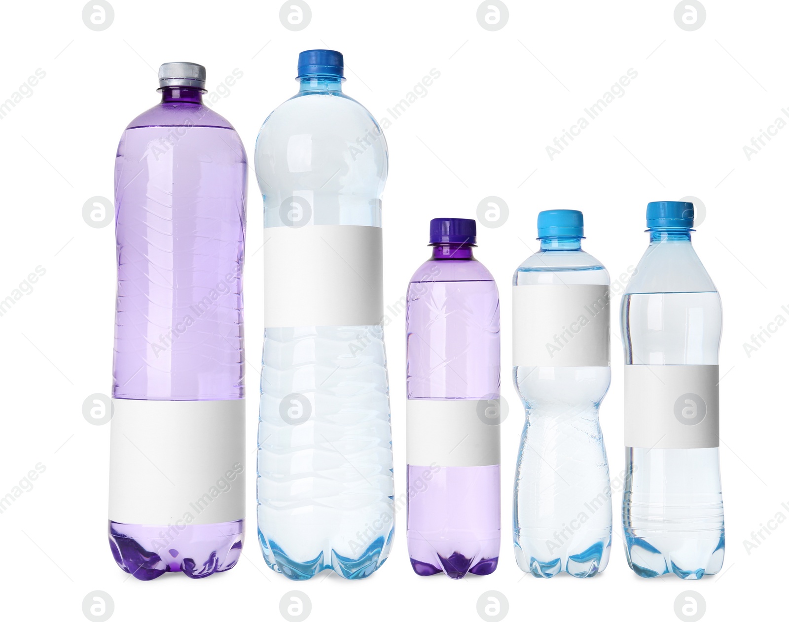 Image of Bottles of pure water with blank labels on white background