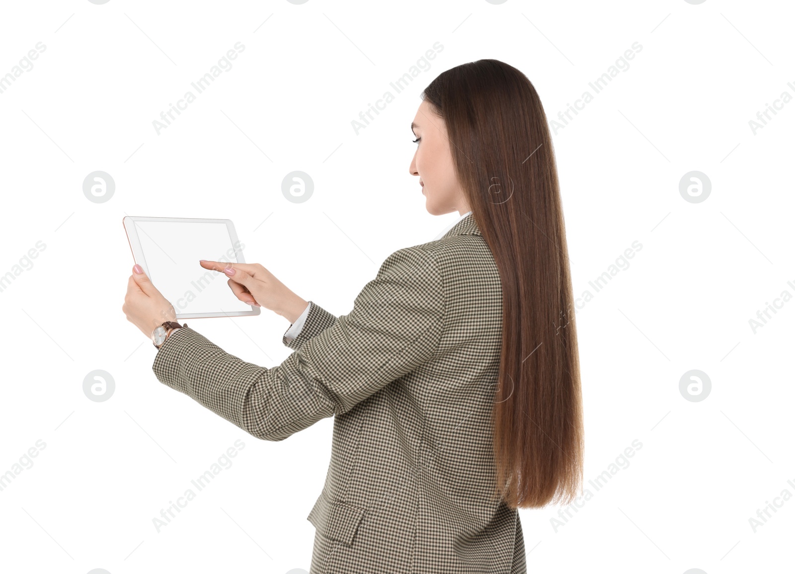 Photo of Woman using tablet with blank screen on white background. Mockup for design