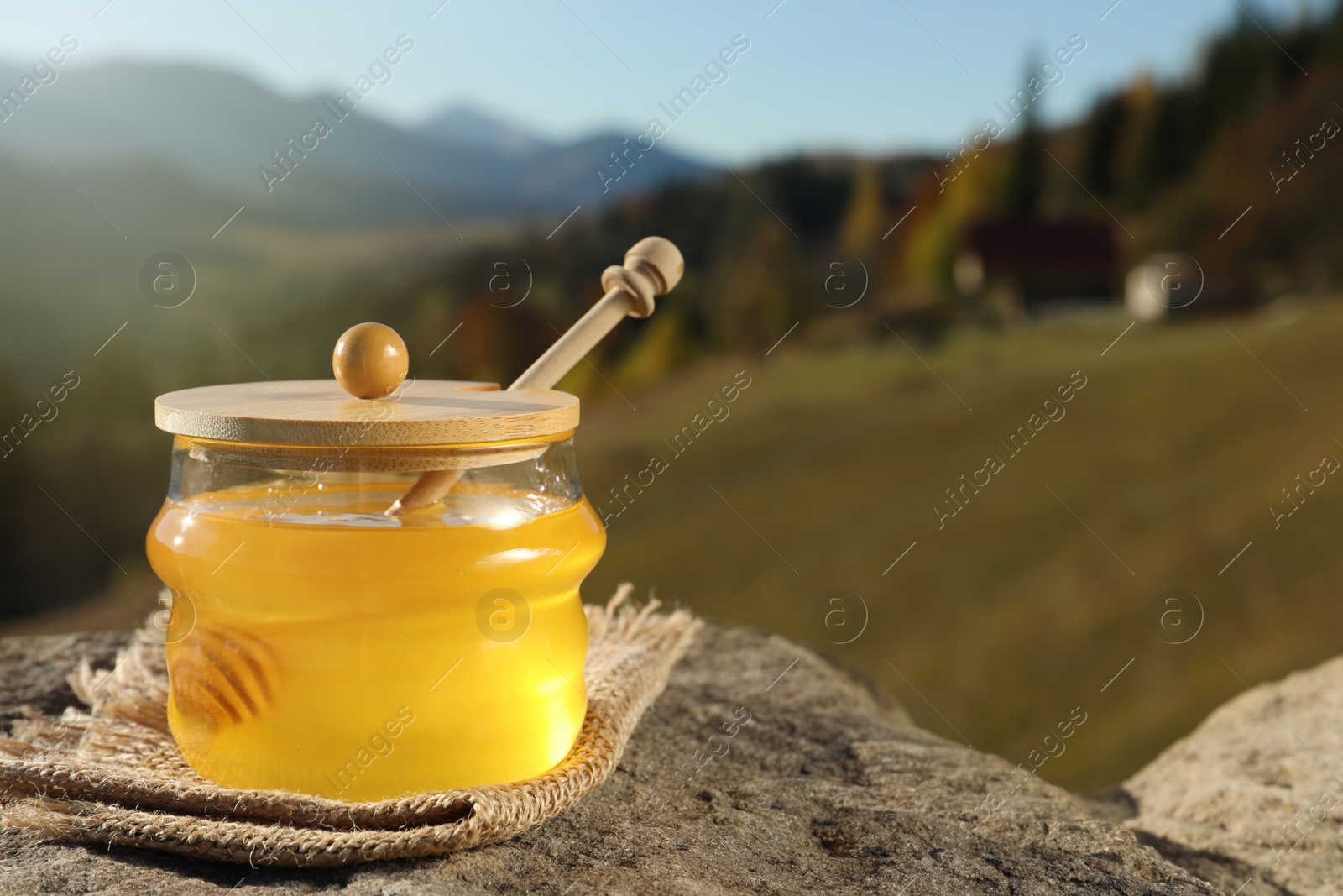 Photo of Fresh aromatic honey in glass jar on rock against mountain landscape. Space for text