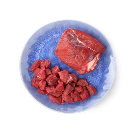 Photo of Plate with pieces of raw beef meat isolated on white, top view