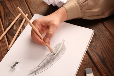 Woman drawing feather with graphite pencil in sketchbook at wooden table, above view