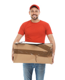 Photo of Courier with damaged cardboard box and clipboard on white background. Poor quality delivery service