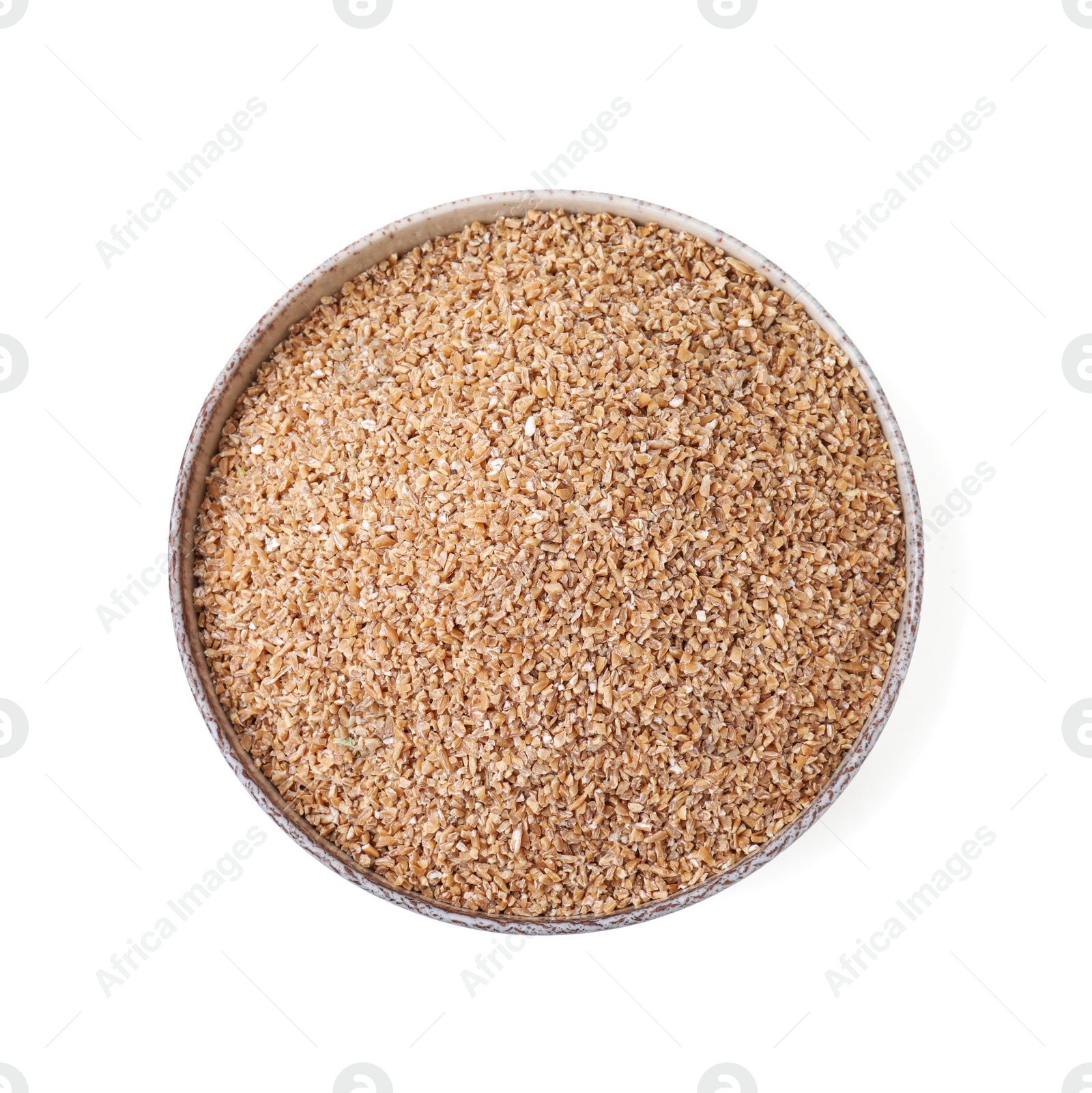 Photo of Dry wheat groats in bowl isolated on white, top view