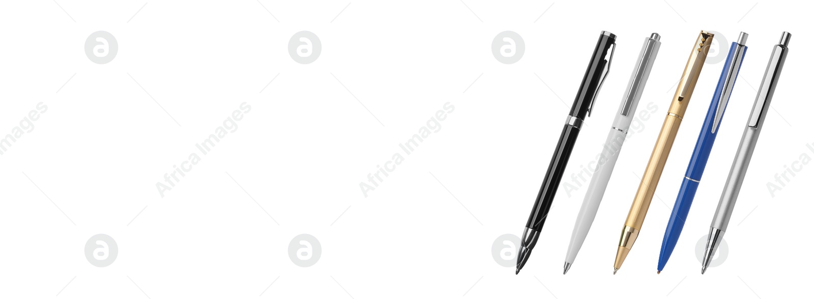 Image of Set of colorful pens on white background