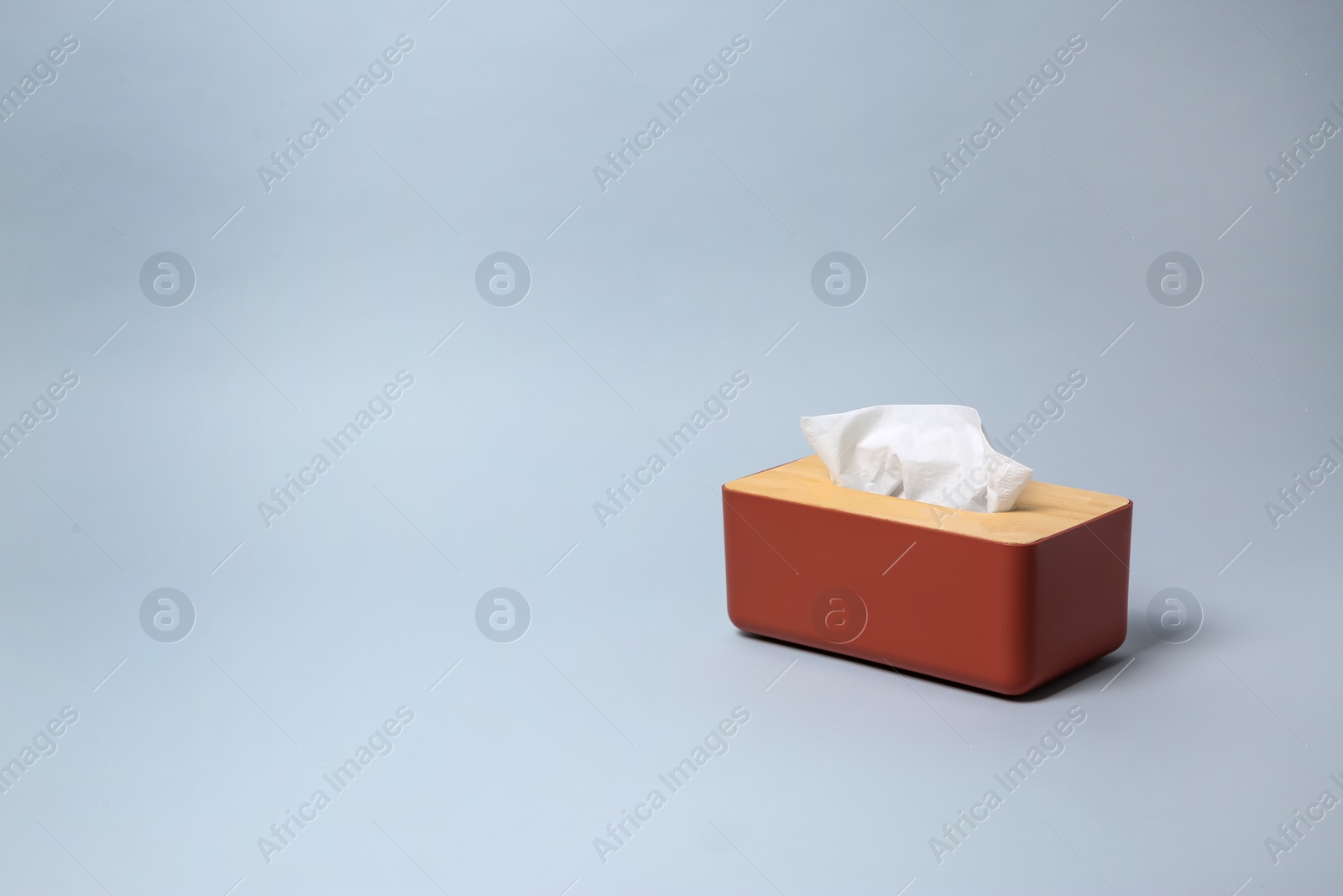 Photo of Holder with paper tissues on light grey background. Space for text