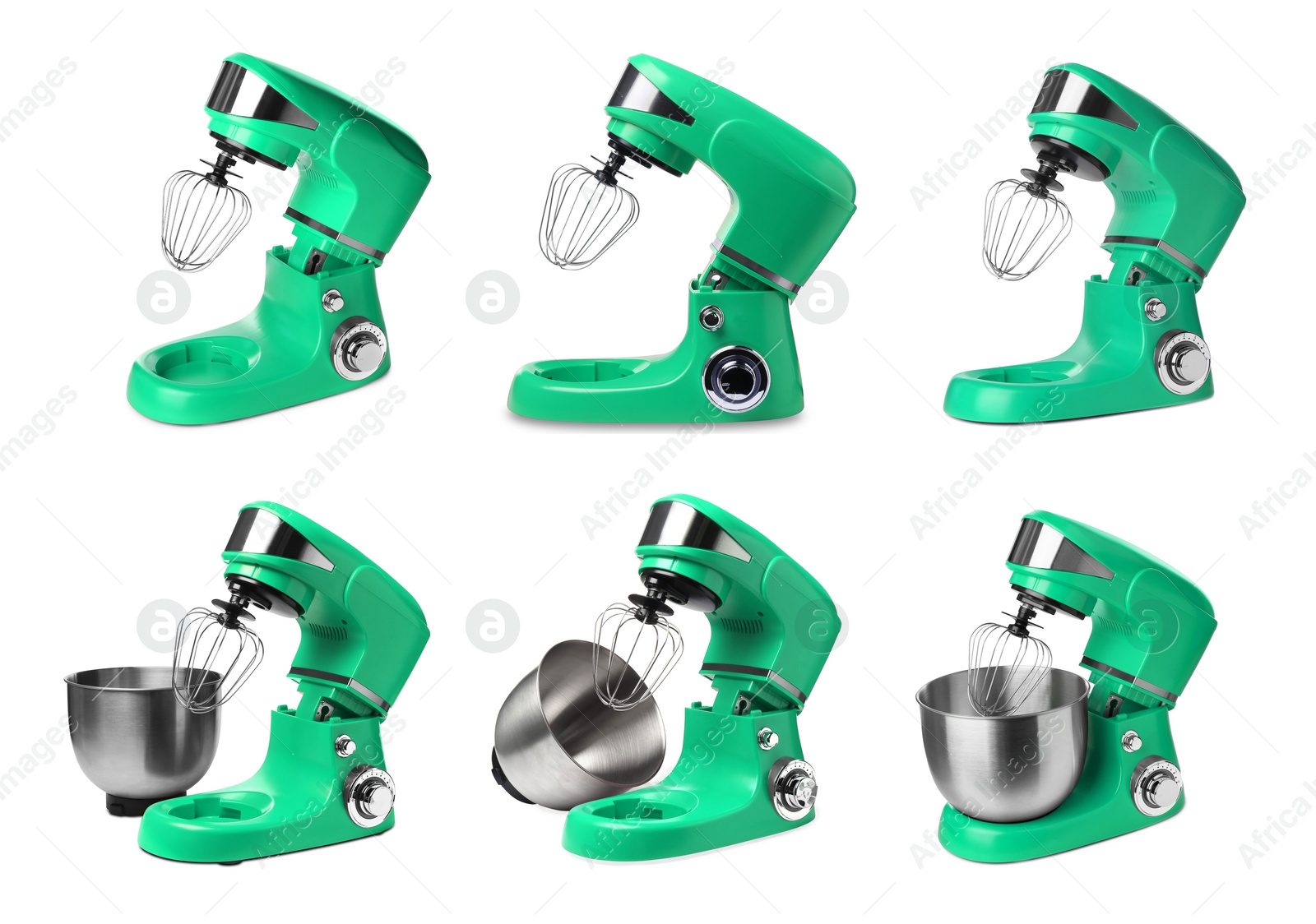 Image of Green stand mixers isolated on white, set