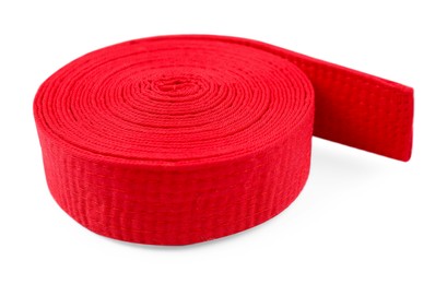 Red karate belt isolated on white. Martial arts uniform