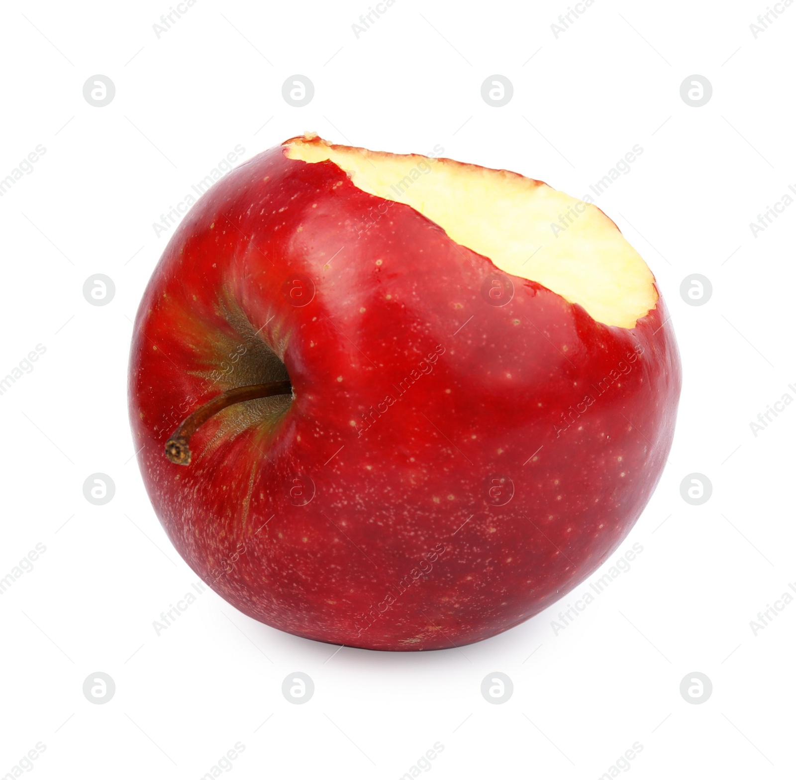 Photo of Ripe juicy red apple with bite mark on white background