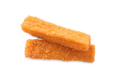 Fresh breaded fish fingers on white background, top view